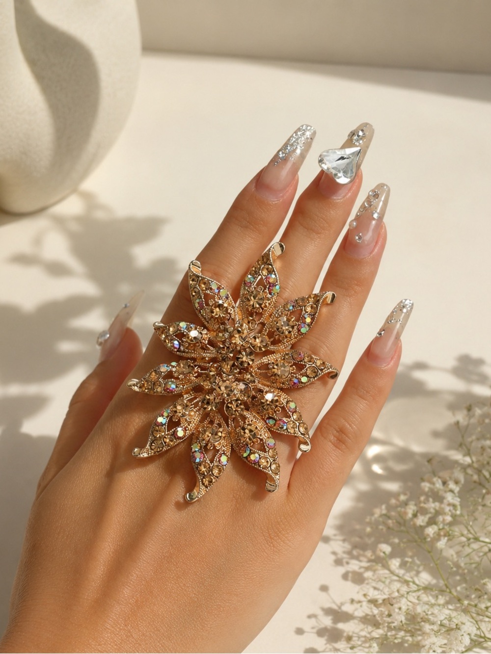 Gold Floral Statement Ring | Crystal Rhinestone Adjustable Cocktail Ring